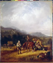 Hvede høst. Værk af William I Shayer (1788-1879), olie på pap. 1800-tallets engelsk kunst, landskab, genrescene. State Hermitage, Sankt Petersborg.