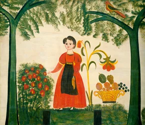 Pige i rødt med blomster og en distelfink, ca. 1830 (olie på træ)