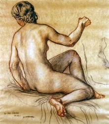 Studie af en kvindelig nøgen siddende bagfra, ca. 1890 (kul, rødt og hvidt kridt på papir)