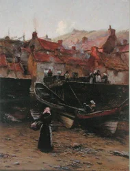 Kaj ved Staithes, Yorkshire (olie på lærred)