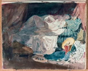 Nøgen pige og en ledsager på en seng