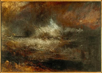 Stormfuldt hav med flammende vrag