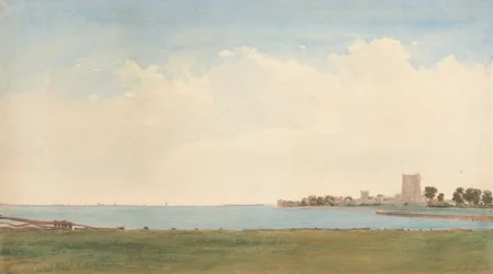 Portchester Castle: En udsigt fra Portchester Village ser over vandet til Portsmouth