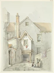 Gammelt hus, der tidligere stod nær Bristol Cathedral (blyant og akvarel på papir)