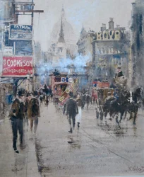 Fleet Street og Ludgate Hill-viadukten med røg fra et forbipasserende tog, ca. 1910 (akvarel)