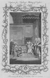 Hertugen af Queensberry og Dover præsenterede unionsloven til dronning Anne, 1773.