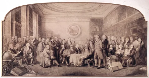 Videnskabens eminente mænd i 1807-1808. Møde i biblioteket på Royal Institute of Sciences, England. Gravering af William Walker og Sir John Gilbert (1817 - 1897) - Eminent Men of Science Living in 1807 - Eminent Men of Science