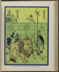 "Soldaten med de grønne knurhår førte dem gennem gaderne", illustration fra "Den vidunderlige troldmand fra Oz" af Lyman Frank Baum