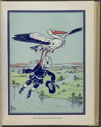 "Storken bar ham op i luften", illustration fra "Den vidunderlige troldmand fra Oz" af Lyman Frank Baum
