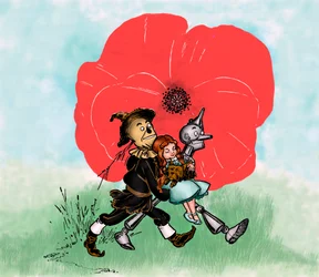 The Wonderful Wizard of Oz - The Wizard of Oz: tegning af Denslow, William Wallace (1856-1915) til en af de første udgaver af Frank Baums bog (1856-1919) - Dorothee (Dorothy) og hans hund Toto er langt fra dødbringende valmuemark ved fugleskræmselen og t