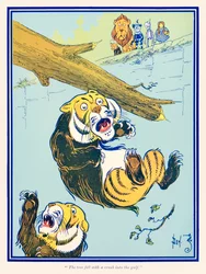 ?Træet faldt med et styrt ned i bugten.? fra ?Den vidunderlige troldmand fra Oz? af L. Frank Baum