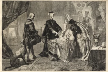 Queen Mary forlader Stirling Castle - Marie Stuart (Marie I af Skotland) foran sin søns vugge (Jacques Stuart, Jacques VI og I)