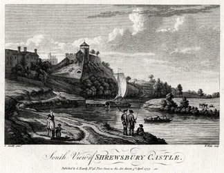 Sydlig udsigt over Shrewsbury Castle, Shropshire, 1777