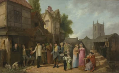 Scene uden for en kro, måske ved Long Ashton, Bristol, ca. 1824 (olie på panel)