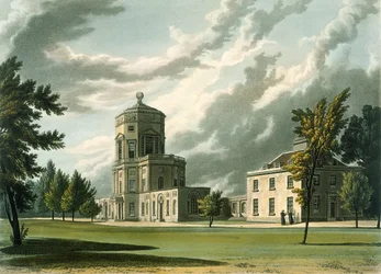 Yderside af The Astronomical Observatory, illustration fra History of Oxford, indgraveret af Joseph Constantine Stadler (fl.1780-1813) pub. af R. Ackermann, 1813 (akvatint)
