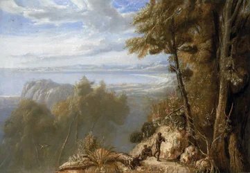Udsigt over Port Bowen (Australien), august 1802, under Matthew Flinders (1774-1814) ekspedition på Investigator mellem 1801 og 1803, for at kortlægge de sydlige lande, maleren var en del af ekspeditionen