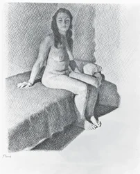Siddende nøgen, ca. 1968-74 (blyant på papir)