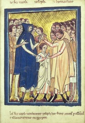 Joseph solgt af sine brødre fra en bog med bibelbilleder, ca. 1250