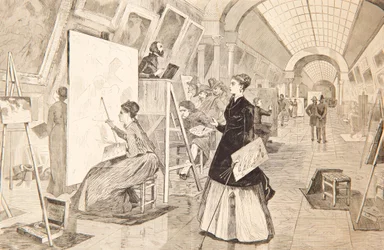 Kunststuderende og kopiister i Louvre-galleriet, Paris, 11. januar 1868