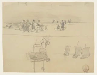 Strandscene med kvinder, der bærer kurve, Cullercoats, England