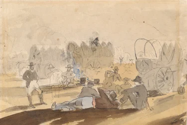 Campingvogn med overdækkede vogne hvilende [recto], 1861.
