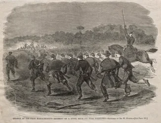 Anklager for det første Massachusetts regiment på en oprørsriffelgrav nær Yorktown, 1862.