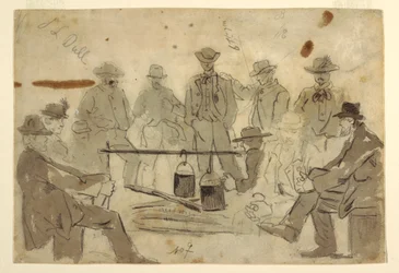 Tegning, Lejrbål med soldater grupperet omkring, 1862
