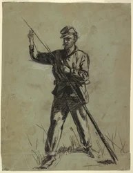 Tegning, kavalerisoldat, der lader en riffel, 1863-64