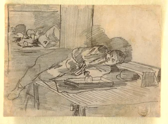 Tegning, kinesisk mand, der ryger opiumspibe, Baxter Street Club House, New York City, ca. 1874