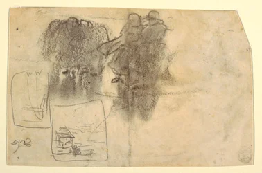Tegning, figurer i læ af en bygning med havet bagved, Cullercoats, England, 1881