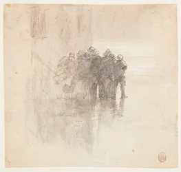 Tegning, fiskere i olieskind, Cullercoats, England, 1881