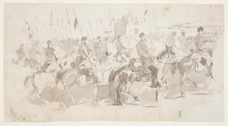 Tegning, general McClellans sjette kavaleriregiment går om bord i Alexandria til Old Point Comfort, 2. april 1862