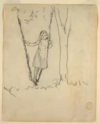 Tegning, pige står i en gynge, 1879