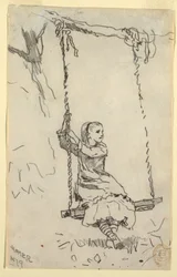 Tegning, pige på gynge, 1879
