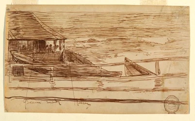 Tegning, Hus ved et rækværk med strandede doryer, Cullercoats, England, 1881