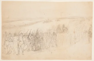 Tegning, marcherende infanterikolonne, ca. 1862