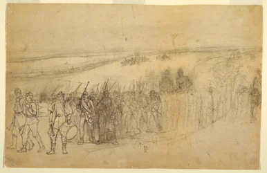 Tegning, marcherende infanterikolonne, ca. 1862