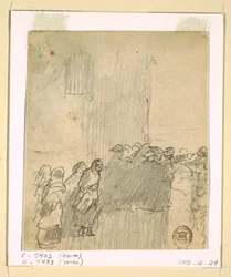 Tegning, Mænd og kvinder kigger ud over havet, Cullercoats, England, 1881