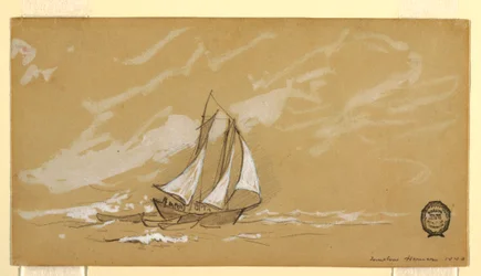 Tegning, skonnert med tre doryer, 1880
