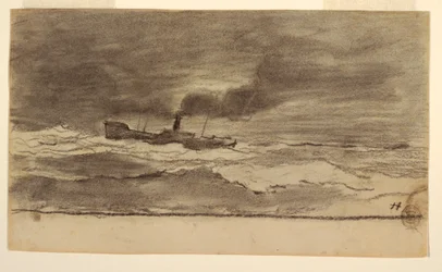 Tegning, havlandskab med fisketrawler, Cullercoats, England, 1881-82
