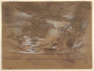 Tegning, skibsdæk med to kvinder, muligvis 15. juli 1886