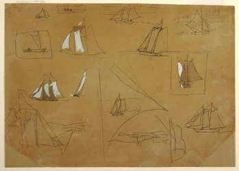 Tegning, Skitser af sejlbåde, Cullercoats, England, 1881-82