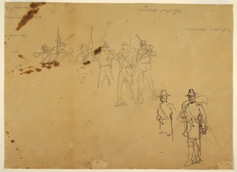 Tegning, skitser af enkelte infanterifigurer og øvelsessignaturer, 1862