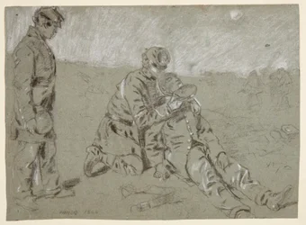 Tegning, soldat giver vand til en såret kammerat, 1864