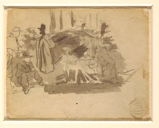 Tegning, soldater på camping, 1862