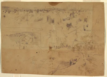 Tegning, Studier af en slagmark med træstubbe og sprængte træstammer, Petersburg, Virginia, 1864