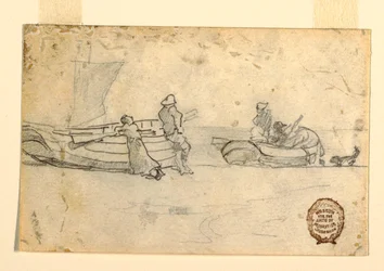 Tegning, To både på stranden med figurer, Cullercoats, England, 1881-82