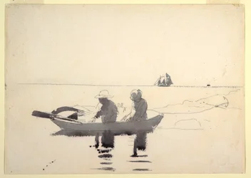 Tegning, To figurer i en robåd, 1880