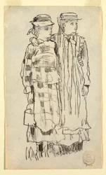 Tegning, to piger, 1879