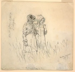 Tegning, To piger på en mark, 1879